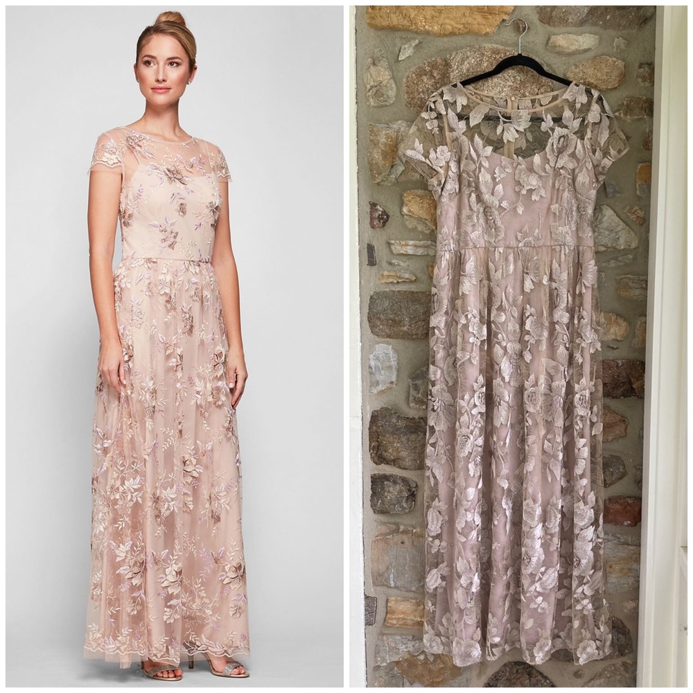 Adrianna Papell Embroidered Illusion Overlay Metallic Floral Gown Gold Champagne